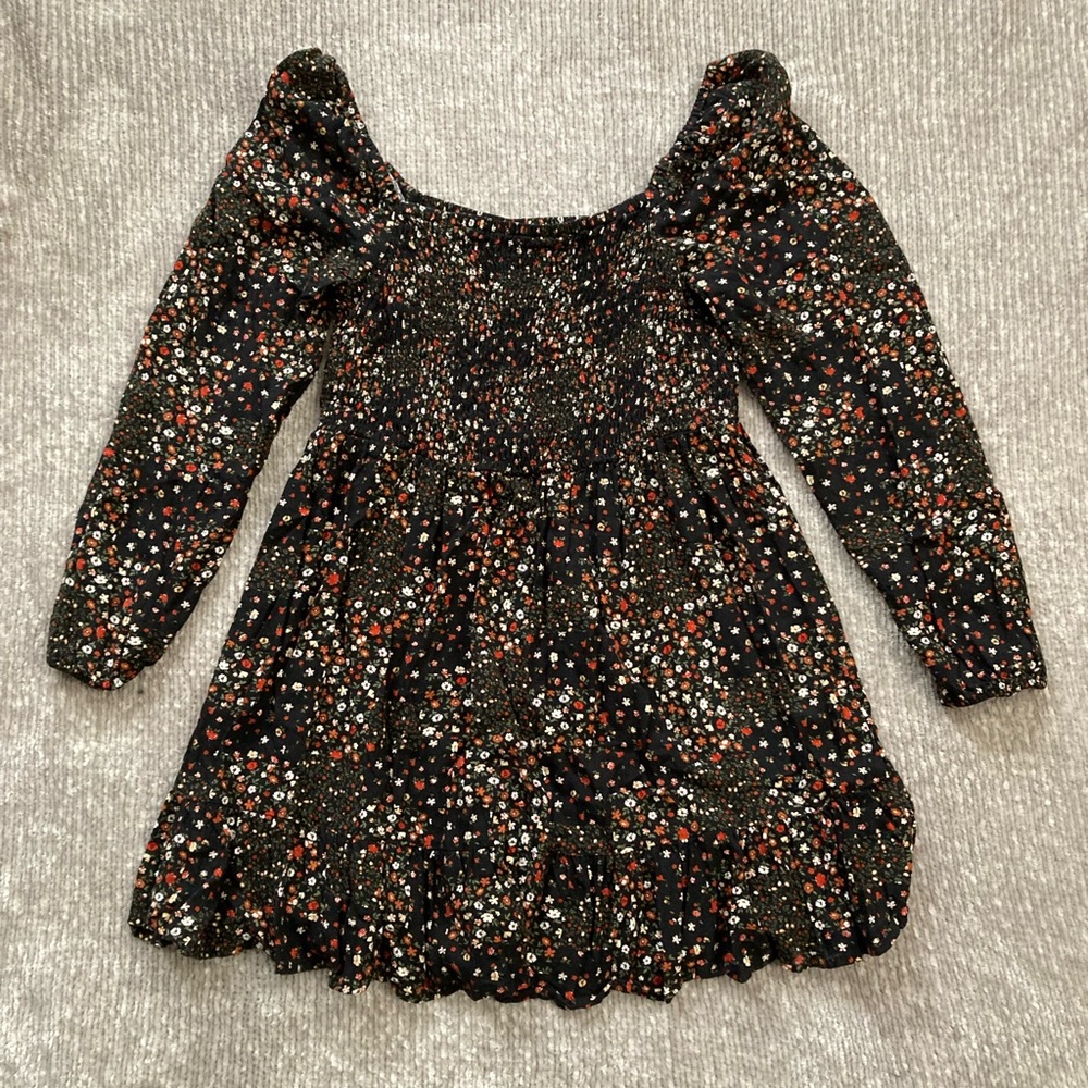 Dark Floral Long Sleeve‎ Babydoll Dress Ruched Bodice  Size Large 90s Romantic